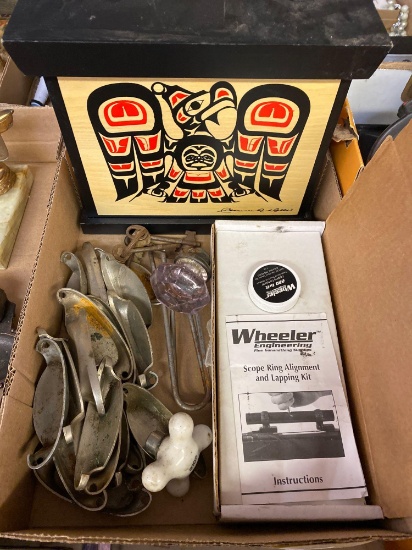 20 nickel chrome drawer pools, wheels gun scope kit in box, Northwest Indian art on box