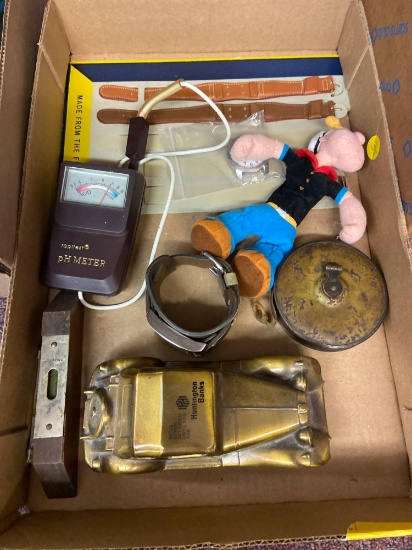 Assorted vintage toys, PH meter, metal bank, stuffed Popeye