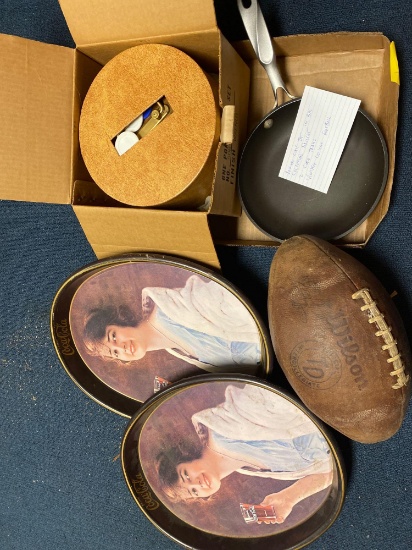 Poker chip set in a box calphalon skillet , 2 coke trays , vintage college football