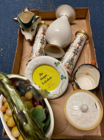 Lenox marmalade jar and vase, salt and pepper mills , cow head creamer , hull tokay basket