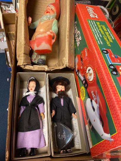 1 Elf with watering can in a box , 2 Amish dolls in boxes , 2000 Coca Cola holiday holiday