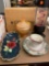 Assorted porcelain items, tea cups, lava lamp, candy dish