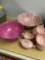 Roma inc Handpainted in Italy bowl and vintage plastic cups and a pink strainer