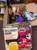 Assorted box of misc items decanter, ET figurine toys, security light