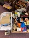 Box of assorted misc items- Catch me if you can boy doll, toys, vintage Mickey Mouse doll, ceramic