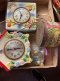 2 clocks, coffee tin, marbles