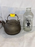 Lodge cast iron tea kettle, hoppys milk glass jar