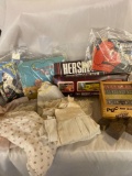 Vintage kids books, blocks, Hersey die cast cars, vintage linen/doll clothes