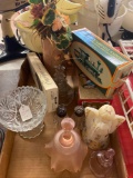 Fenton angel and bells, Avon car bottles, candlesticks, glass