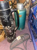 Cast iron shelf, vintage Stanley water dispenser, ceramic tall Stein or umbrella holder