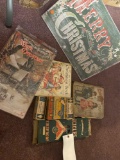 Vintage Christmas icicles, vintage bulbs, vintage Christmas books, sign