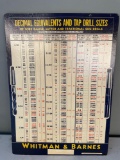 18.5x25.5 Whitman & Barnes tap drill size chart cardboard 1963