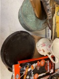 Copper tea kettle, cast iron griddle, pitcher, Harley Davidson gloves, Admiral sign