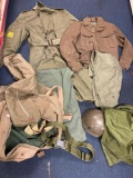 Collection of military coats, pants, helmet, bags, misc