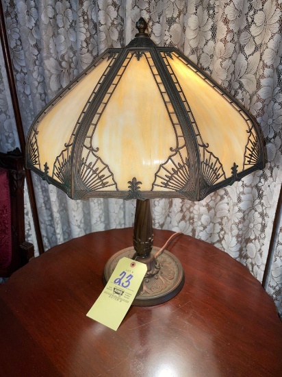 Bigelow and Kennard marked BK 8 panel slag-glass table lamp