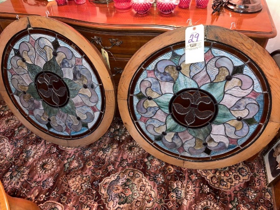 Pair of lead stained-glass windows with fleur de lis centers, 33 inches diameter