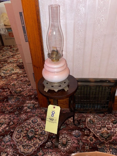 Scovill oil lamp with small metal framed stand, 20 inches tall