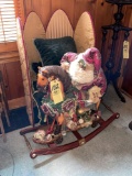 Decorative Santa on rocking horse, fire screen, pillows