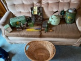 Green handle utensils, mixers, enameld kettle, napkin holder, bread box, water jug