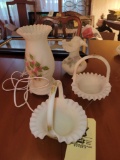 Fenton satin hand-painted baskets, lamp and vase