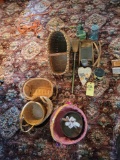 Assorted baskets, green enameled meat grinder, washboard, primitives