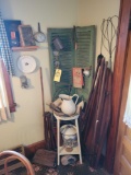 Corner decor, shutter display, wash basin and holder, vac, iron board, primitives