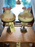 Pair of hand-painted Fenton satin table lamps