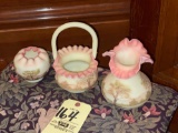 3 pieces of Fenton satin hand-painted basket, vases