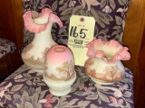 3 pieces of Fenton satin hand-painted glass, fairy lamp, vases