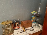 Oil lamp, Seth Thomas anniversary clock, wood box, decor