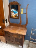 Oak curved- front washstand with towel bar, 32 x 65 tall