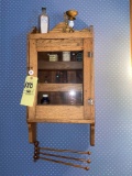 Oak primitive medicine cabinet with contents