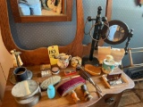 Shaving mugs, mirror, dresser items, curler, towel bar