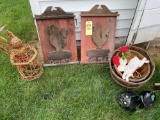 Rooster signs, bushel baskets, angel