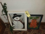 Pair of reverse painted windows, snowman and pumpkin