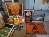 Group of Massillon tiger memorabilia, rug, prints, blanket, weights