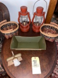 Electric lanterns, Americana baskets, brass mini dust pan, wood box