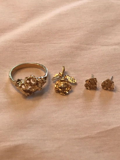14K gold ring and earrings - rose pendant
