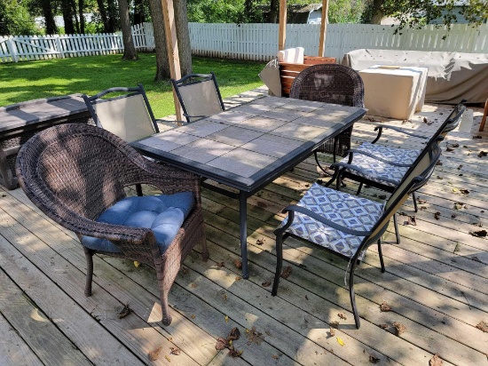 Tile Top Patio Table with 4 Chairs and Pair of Wicker Chairs