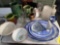 Majolica pitchers, old pattern glass bowls, platters, Orienta jewel box. Damage on most pieces.