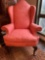 Queen Ann high back upholstered arm chair, 53