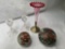 (2) Art glass paperweights, blown glass bud vase w/ silverplate holder, pair glass candleholders.