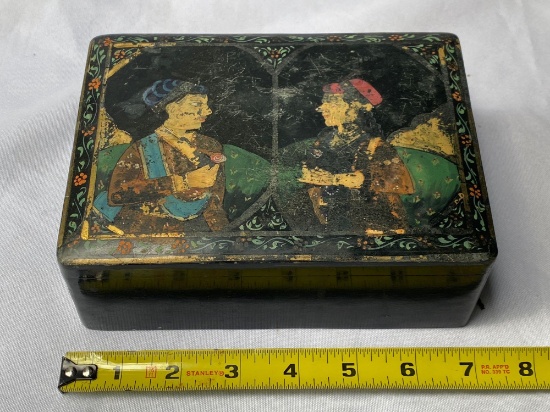 India hand painted stone lift top jewel box, 7" long.