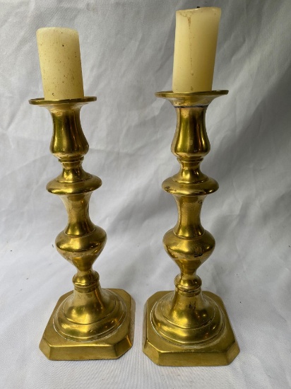 Pair Victorian push up candle sticks, 19.5" tall.
