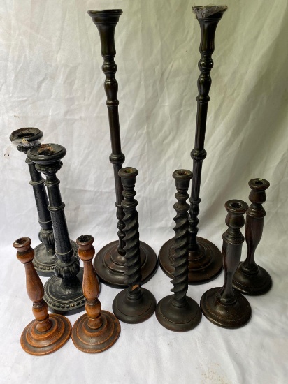 (5) Pairs old wooden candle sticks.
