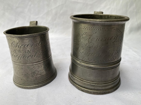 (2) Inscribed pewter mugs (W. Chearsley, Swan, Sheffield).