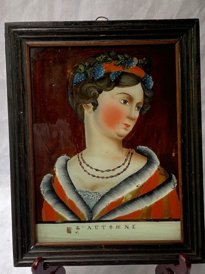 1790's-1810 Circa reverse painting on glass, 9 1/2" x 11 3/4" frame.