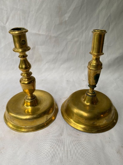 1700's Circa 9" tall brass candle holders, as is.