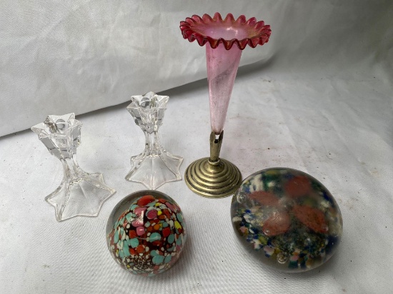 (2) Art glass paperweights, blown glass bud vase w/ silverplate holder, pair glass candleholders.