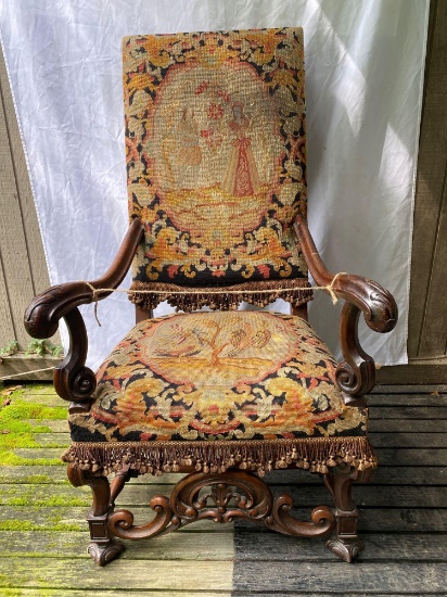 William & Mary style antique arm chair, 48" tall.